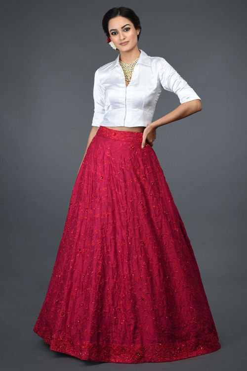 White-Crop-Top-Shirt-with-Red-Skirt-Lehenga